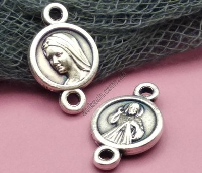 Конектор для розарію Образ Ісуса Милосердного та Діви Марії Меджугор'є, античне срібло (7180)  7180 фото