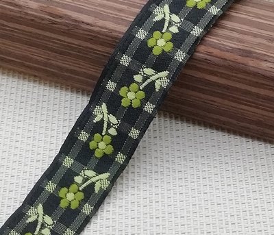 Стрічка тасьма жакардова Чорна Шотландка з зеленими квітами, 20мм. За 1м (60893) 60893 фото